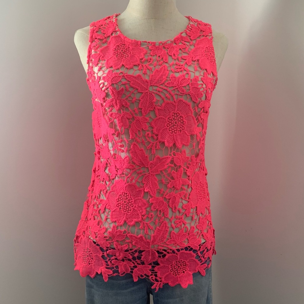 Bright Pink Lace Tank Top w/ Nude Liner